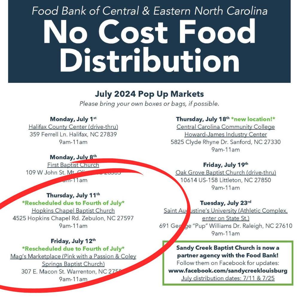 Flyer with free food distribution locations and dates