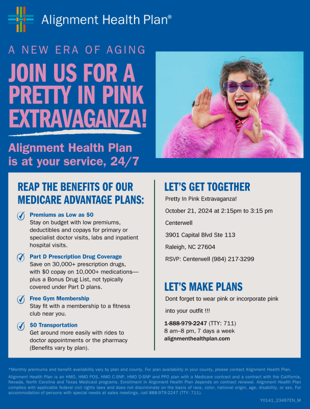 A lady in a pink coat with pink glasses advertising an event regarding Medicare