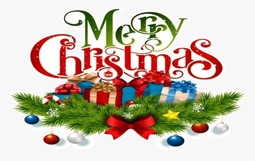 The words Merry Christmas sorrounded by garland and ornaments and gifts